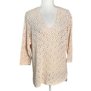 J. Jill Open Weave Knit Top Peach Pink Cream Beach Coverup Tunic Women's Sz L